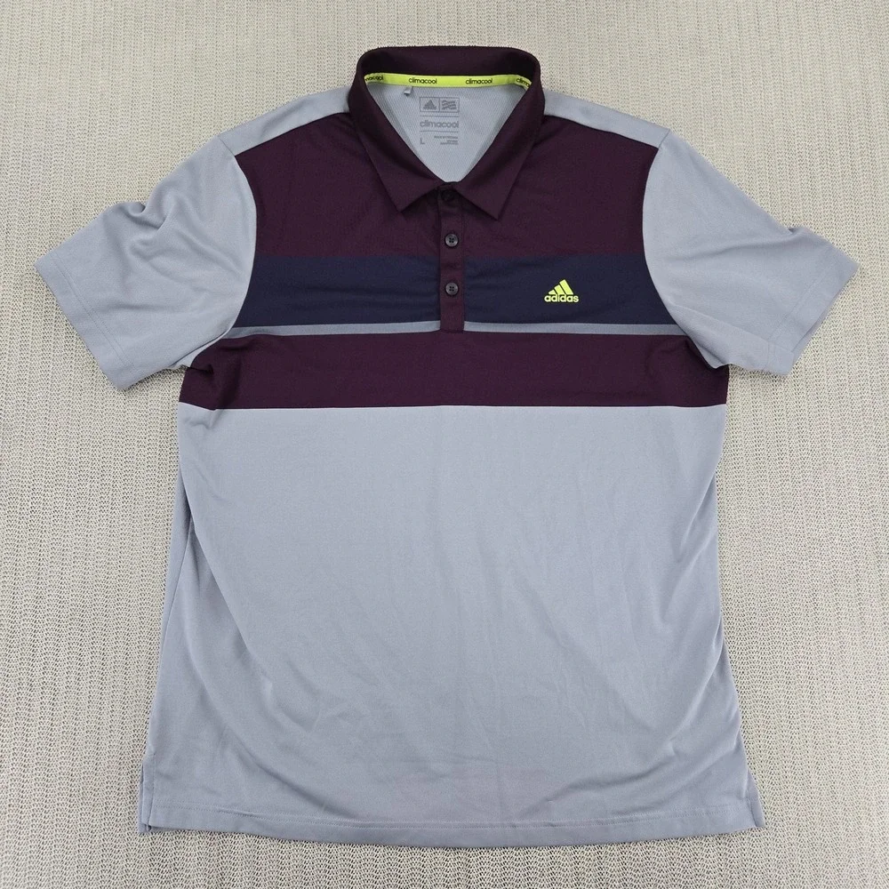 Adidas Polo Shirt Mens Large Gray Maroon Colorblock Climacool Golf Short Sleeve